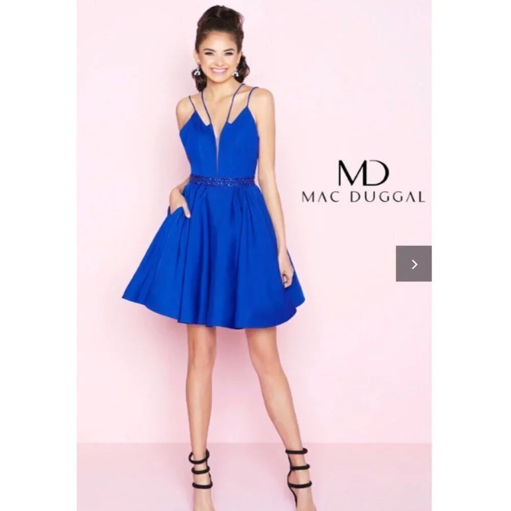 Mac Duggal Royal Blue Beaded A Line Back Cut Out Party Prom Dress Women's Size 2